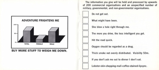 Booklet spread: “Adventure frightens me” and the tick boxes (Capitol, later pressing)