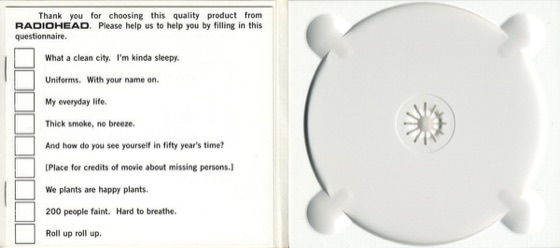 Inside the digipak: the questionnaire begins, beside the white tray (Capitol, later pressing)