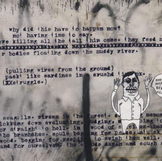 Booklet page: typed lyrics with a cartoon figure (UK CD, 2001)
