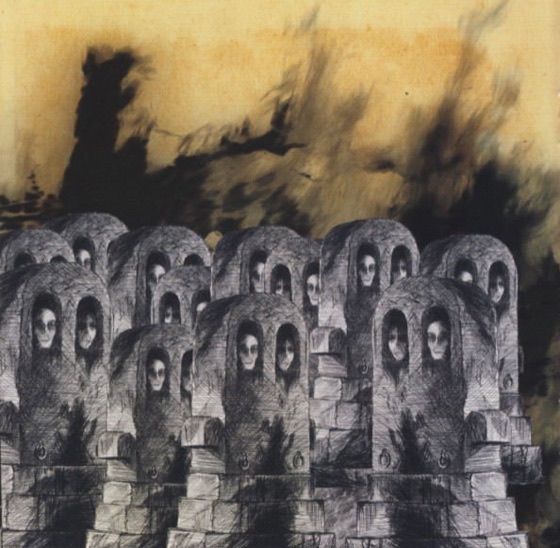 Booklet page: rows of hooded figures (UK CD, 2001)