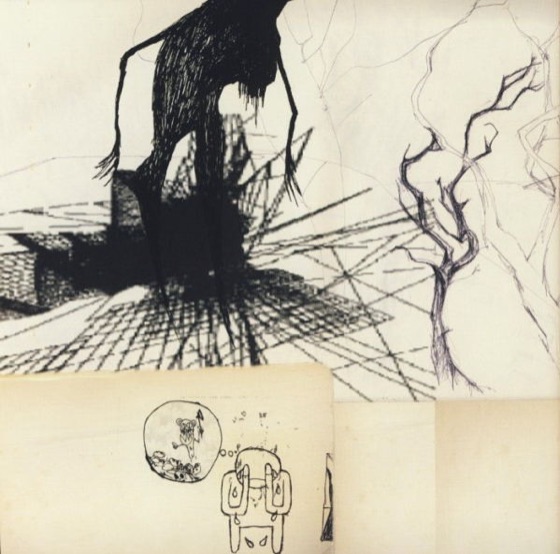 Booklet page: the minotaur in ink, with the small weeping figure below (UK CD, 2001)