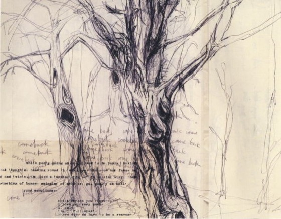 The tray inlay under the disc, a drawn tree over typed words (UK CD, 2001)