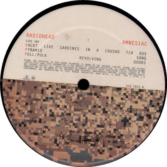 Side one label of the double ten-inch vinyl (Parlophone, 2001)
