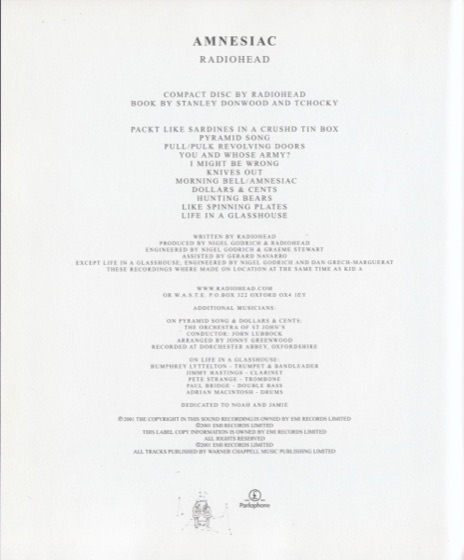 The credits page of the limited edition, book by Stanley Donwood and Tchocky (Parlophone, 2001)