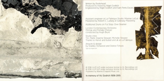 CD booklet, the credits page, in memory of Vic Godrich (XL Recordings, 2016)