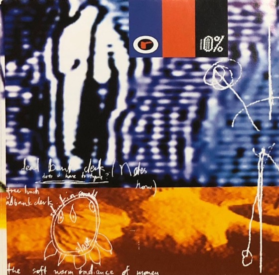Booklet page with “dead bank clerk” and “the soft warm radiance of money”, UK CD (Parlophone, 1995)