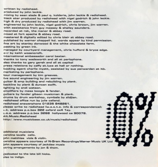 The credits page, with the dedication to Bill Hicks, UK CD booklet (Parlophone, 1995)