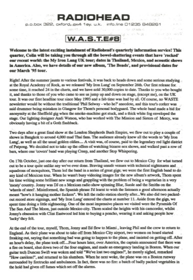 W.A.S.T.E. newsletter no. 8, the fan club mailing that announced the album, winter 1994