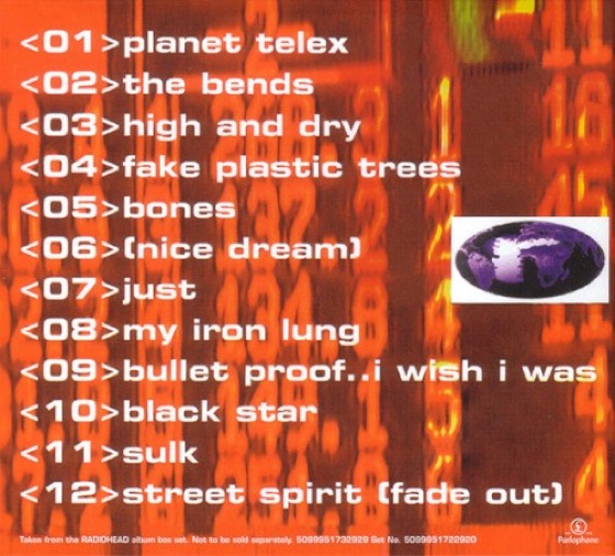 The back of The Bends digipak, with “Taken from the Radiohead album box set” along the foot (2007)