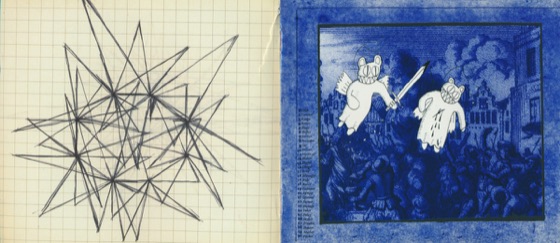 Booklet spread: a scribbled star on graph paper, and bears with a sword over a crowd (2004)
