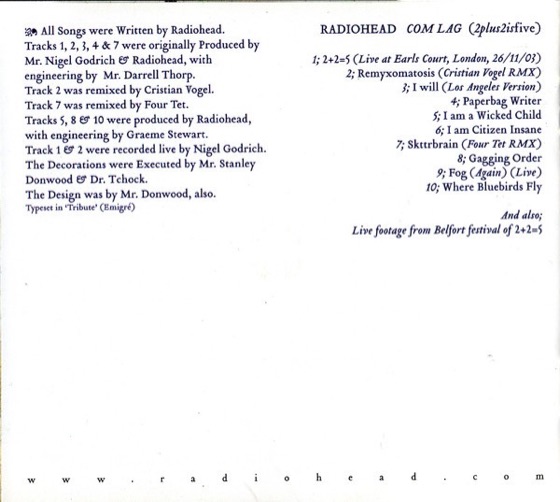 The 2007 credits, with Four Tet spelt correctly (Parlophone, 2007)