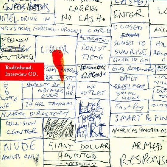 Hand-lettered roadside words on the sleeve of the promotional interview CD (Parlophone THIEF 03, 2003)