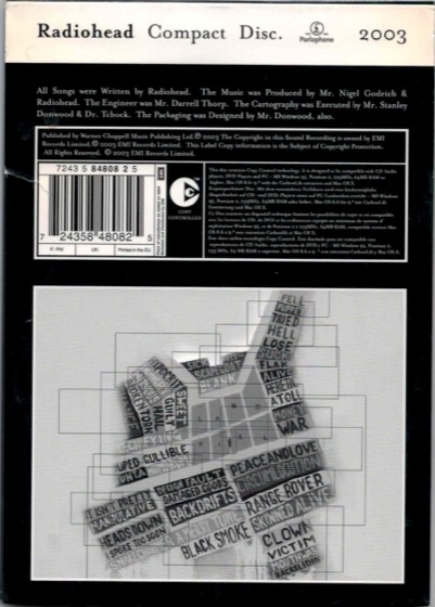 Back of the special edition, with the cartography credit to Donwood and Dr Tchock (Parlophone, Europe, 2003)