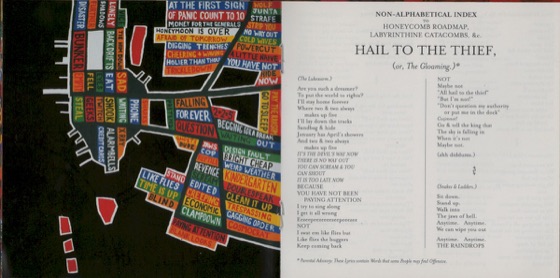 Booklet pages 8 and 9, the last of the map and the start of the lyric index (UK CD, 2003)