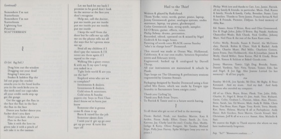 Booklet pages 14 and 15, the credits and thanks (UK CD, 2003)