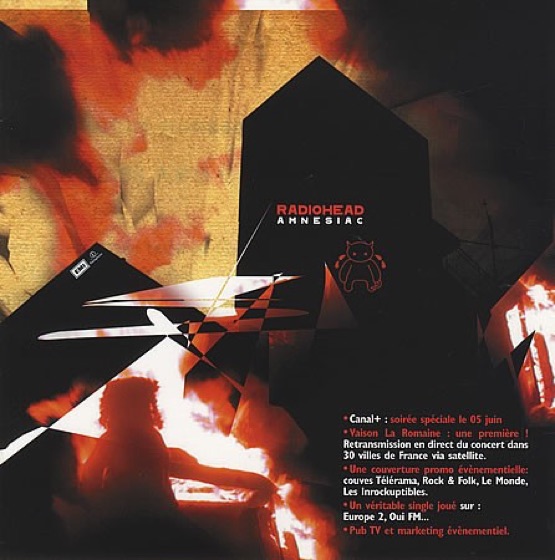 EMI France's trade flyer for Amnesiac, promising the Vaison-la-Romaine show live by satellite in 30 cities (2001)