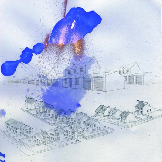 Blue ink thrown over a drawing of new-build houses, from the discbox artwork