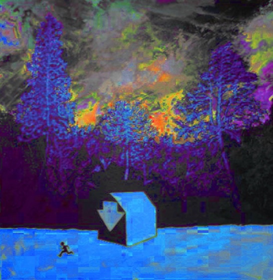 A small house and a running figure beneath a burning forest, from the discbox artwork