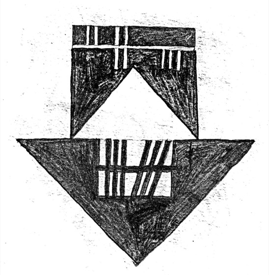 A house inside a downward arrow, from the discbox artwork