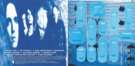Inside the booklet: Danny Clinch's band photograph, the credits and the pill panel (Parlophone, 1994)