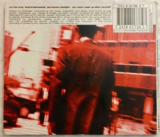 The back of CD2, with the fruit farm credit (Parlophone CDR 6394, UK, 1994)