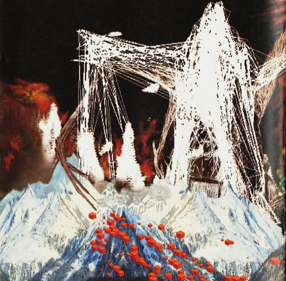 Booklet page, the wireframe tower and red cubes (Parlophone, 2000)