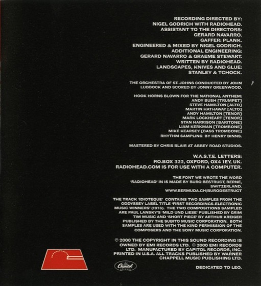 The credits page, “landscapes, knives and glue”, US CD (Capitol, 2000)