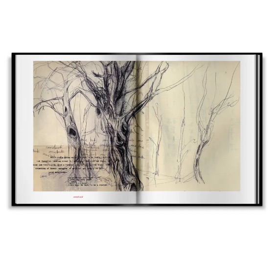 A spread from the art book: tree drawings