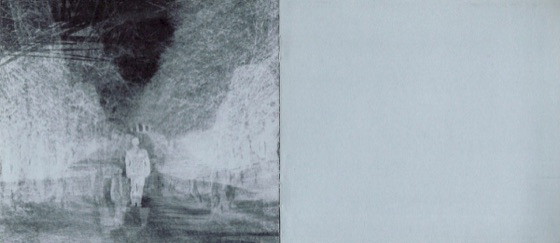 Booklet spread: a man in a tree-lined avenue, opposite a blank page (Toshiba-EMI, 1997)