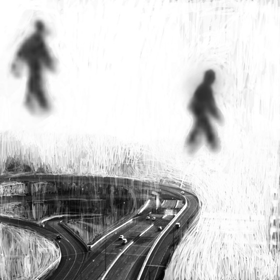 Two figures over a motorway, the picture behind the booklet's red text, from the Library's OKC Covers gallery