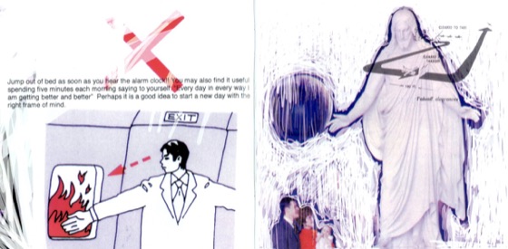 Booklet spread: alarm-clock advice and an exit sign (Parlophone CD, 1997)