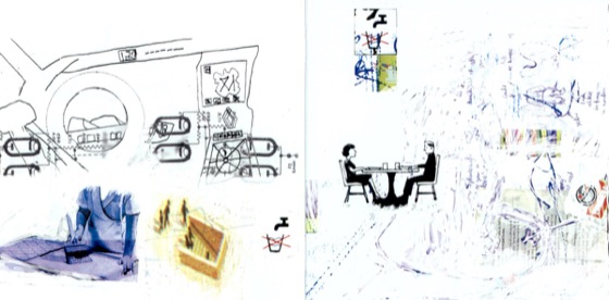 Booklet spread: diagrams, a sink, and two figures at a table (Parlophone CD, 1997)