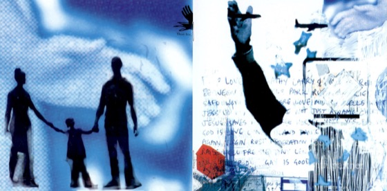 Booklet spread: a family in silhouette and a hand holding a plane (Parlophone CD, 1997)