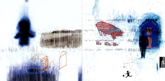 Booklet spread: the pig and the figure in the doorway (Parlophone CD, 1997)