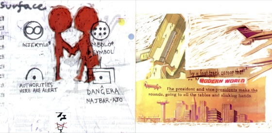 Booklet spread: the handshake, Esperanto warnings and “the modern world” (Parlophone CD, 1997)