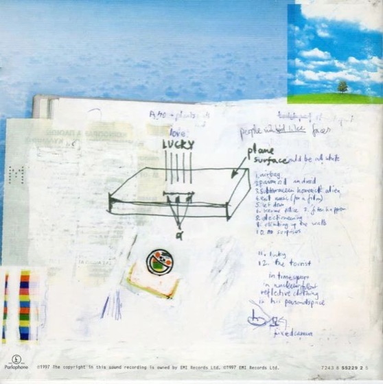 The back page of the booklet, with the running order in Yorke's hand (Parlophone CD, 1997)