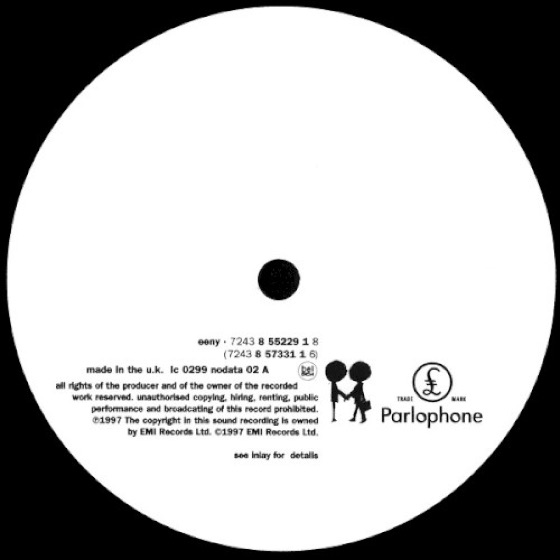 Side A label, “eeny”, of the double LP, Parlophone NODATA 02, UK, 1997