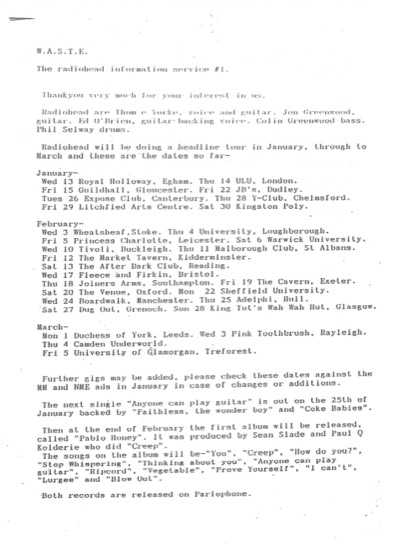 W.A.S.T.E. #1, the typed mailing that announced the album (Radiohead, 1993)