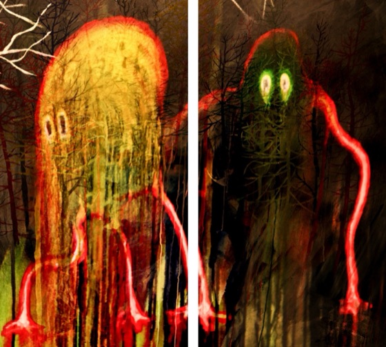 The two creatures of the cover across a newspaper album spread (2011)