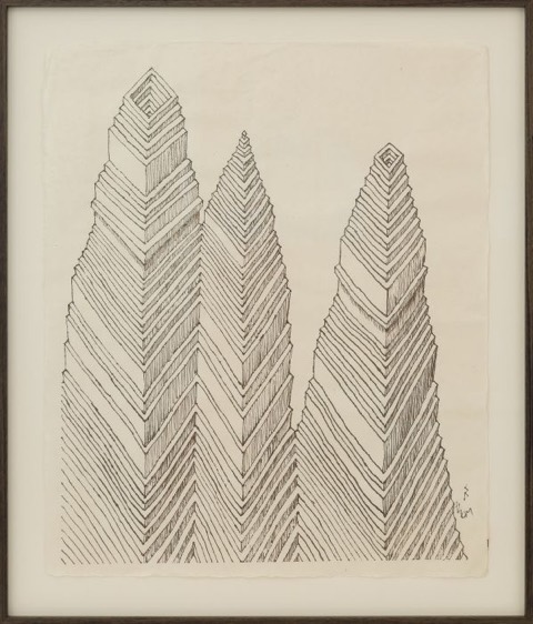 A Permanent Reminder, 2026, walnut ink on mulberry paper, one of the drawings in No Go Elevator (not without no keycard), Venice, framed
