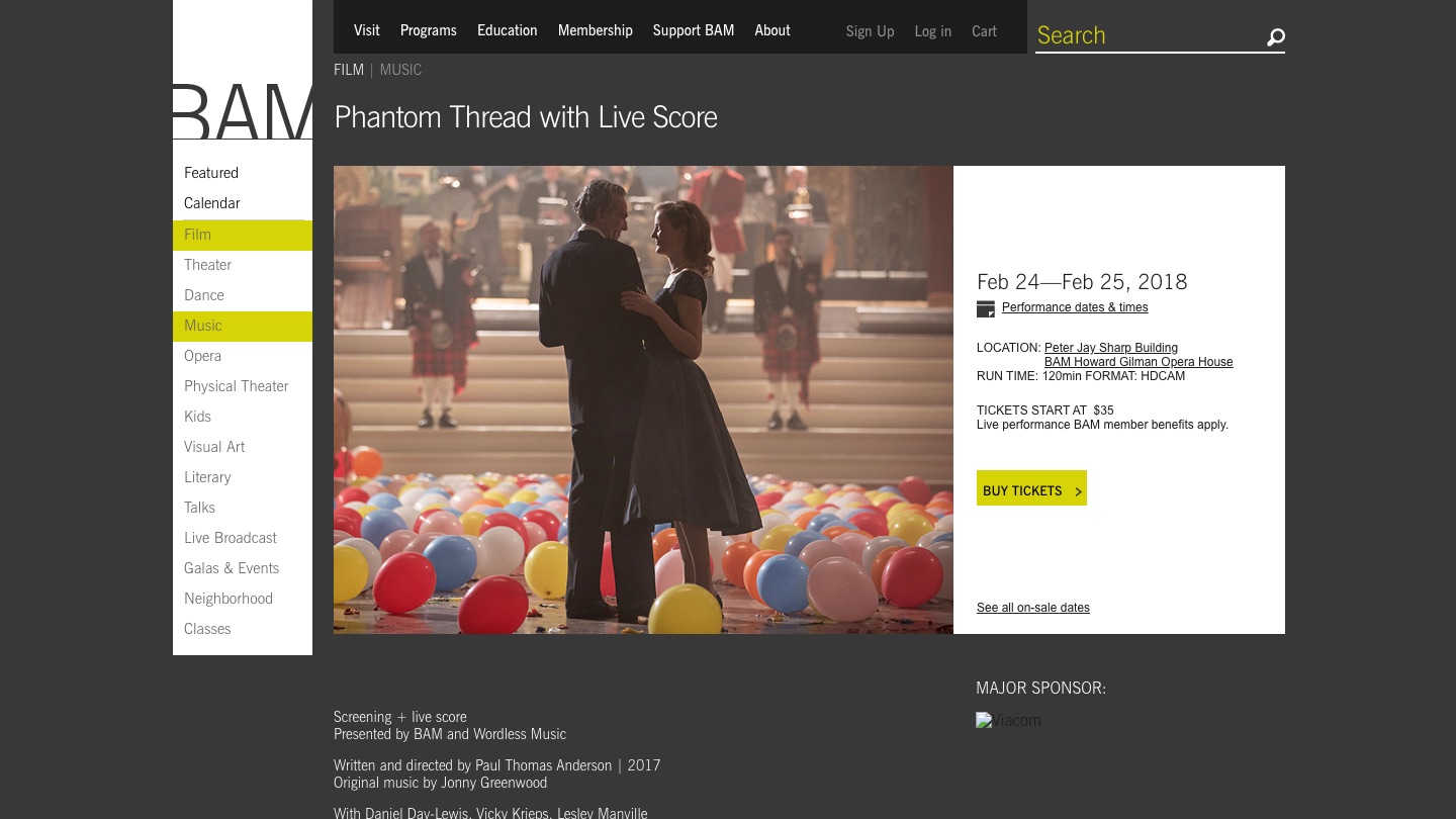 BAM's listing for Phantom Thread with Live Score, 24 and 25 February 2018, as it stood on 23 February 2018