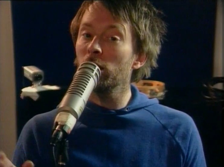 Thom Yorke at the microphone, a frame from Scotch Mist (Garth Jennings and Adam Buxton, 2008), as shown on BFI Replay