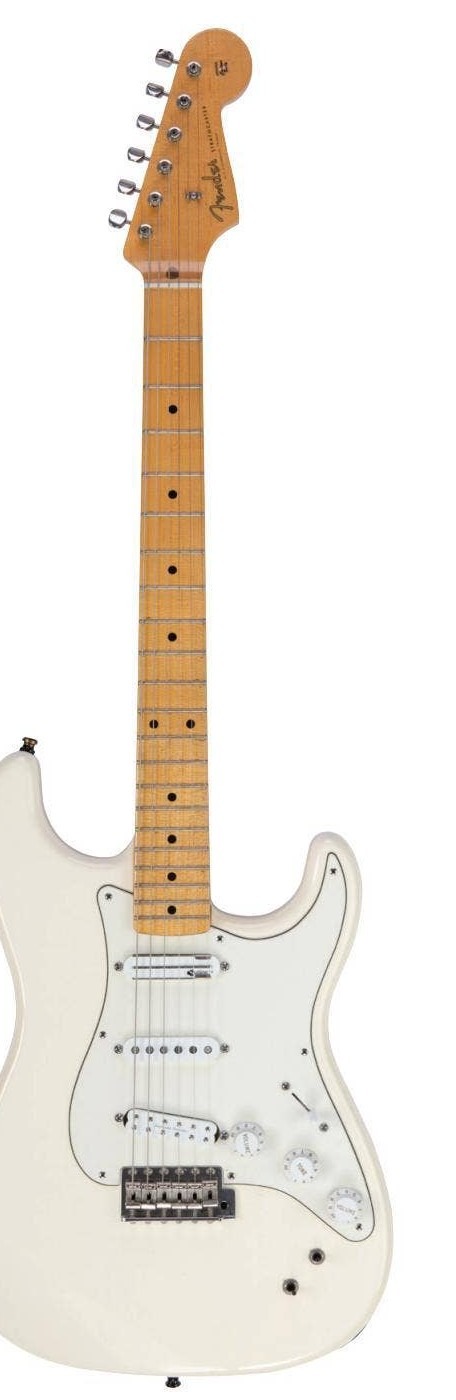 Lot 18, Ed O'Brien's tour-played signature Fender Stratocaster, in the catalogue of the Guitar Icons auction for Music Rising, December 2021