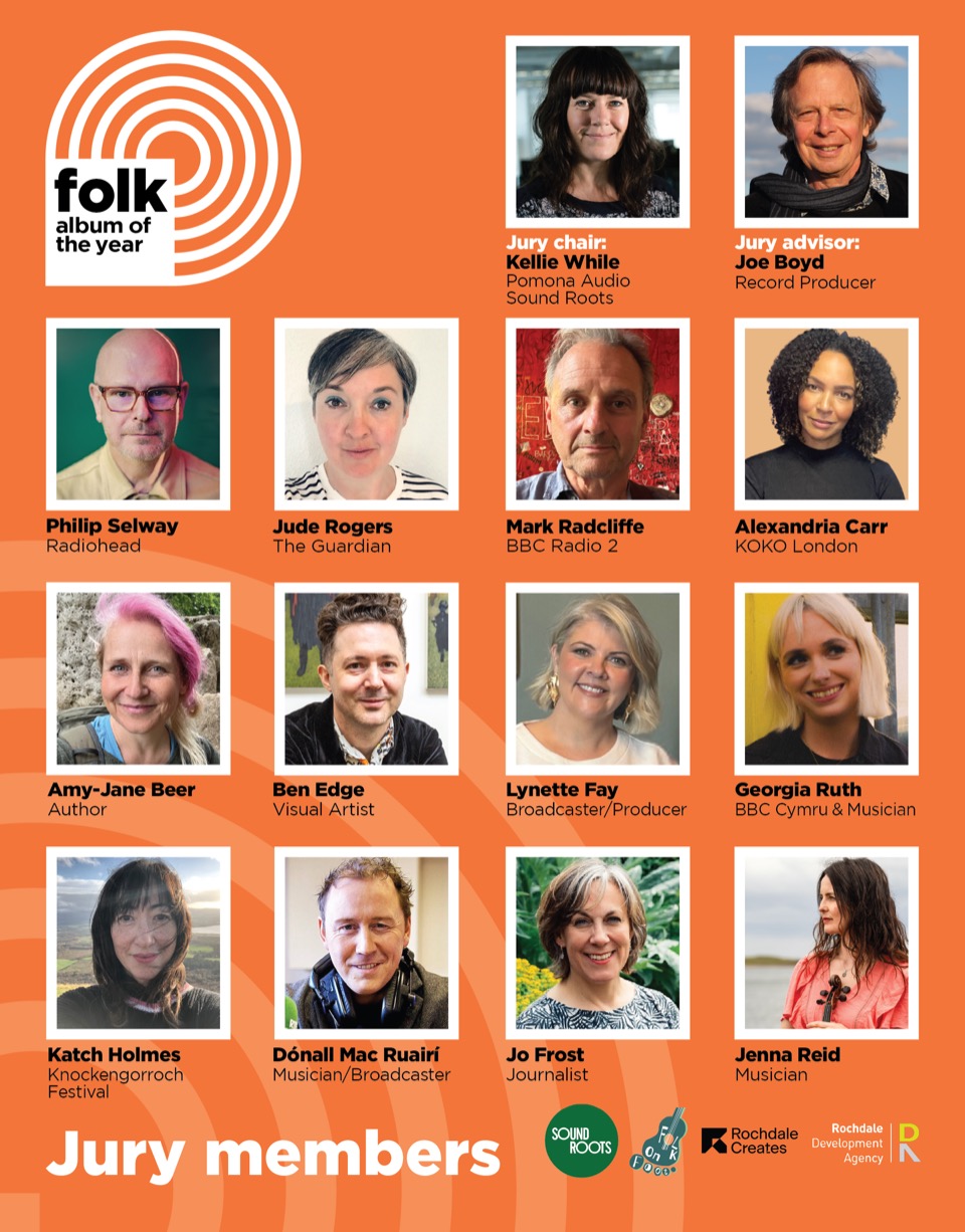 Jury members of the Folk Album of the Year Award 2026, a graphic issued by Sound Roots with Folk on Foot; Philip Selway is top of the second row