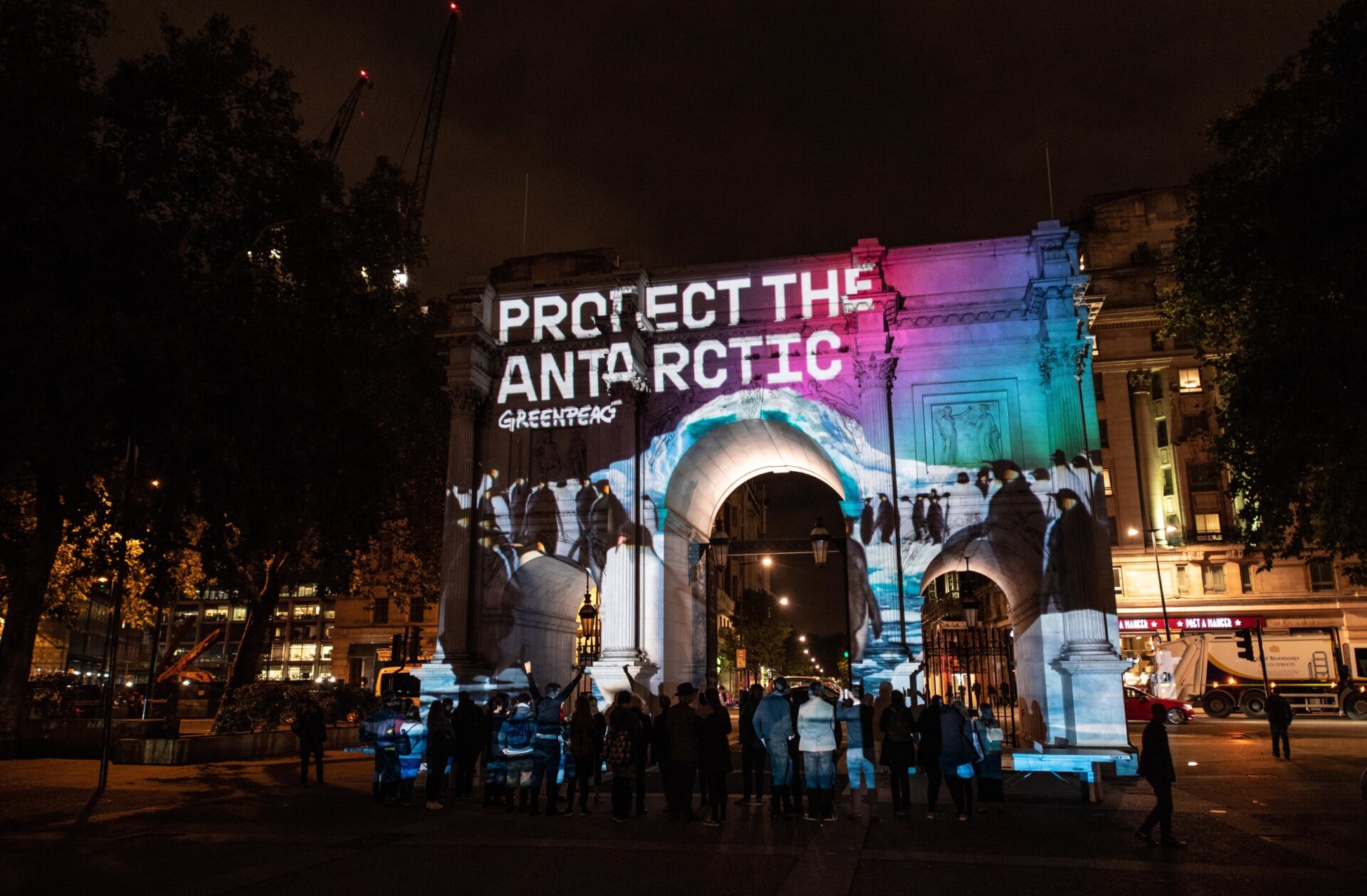 Greenpeace's Protect the Antarctic projection on Marble Arch, London, October 2018