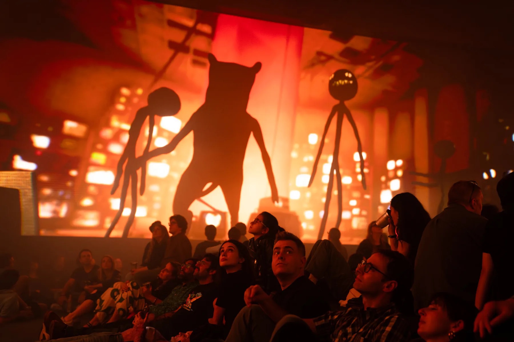 Visitors watching the film inside Motion Picture House: Kid A Mnesia, Brooklyn, May 2026