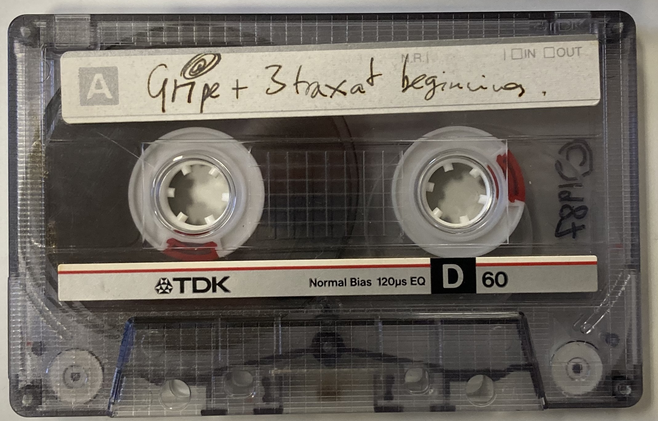 The TDK cassette lot, labelled "Gripe + 3 trax at beginning", from the On A Friday demo sold at Omega Auctions, January 2021