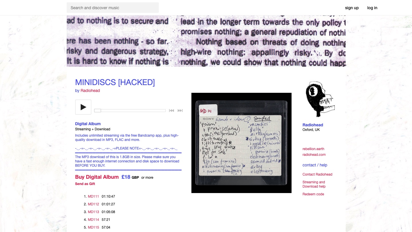 Radiohead's MINIDISCS [HACKED] page on Bandcamp, as it stood on 13 June 2019