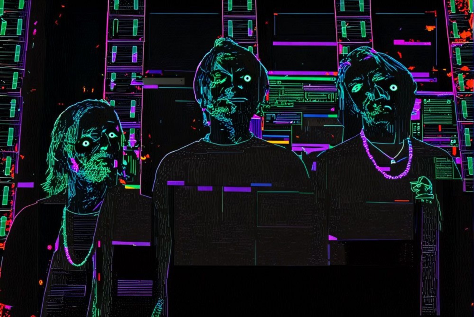 The Smile (Thom Yorke, Jonny Greenwood and Tom Skinner) in the portrait issued for Cutouts, 2024