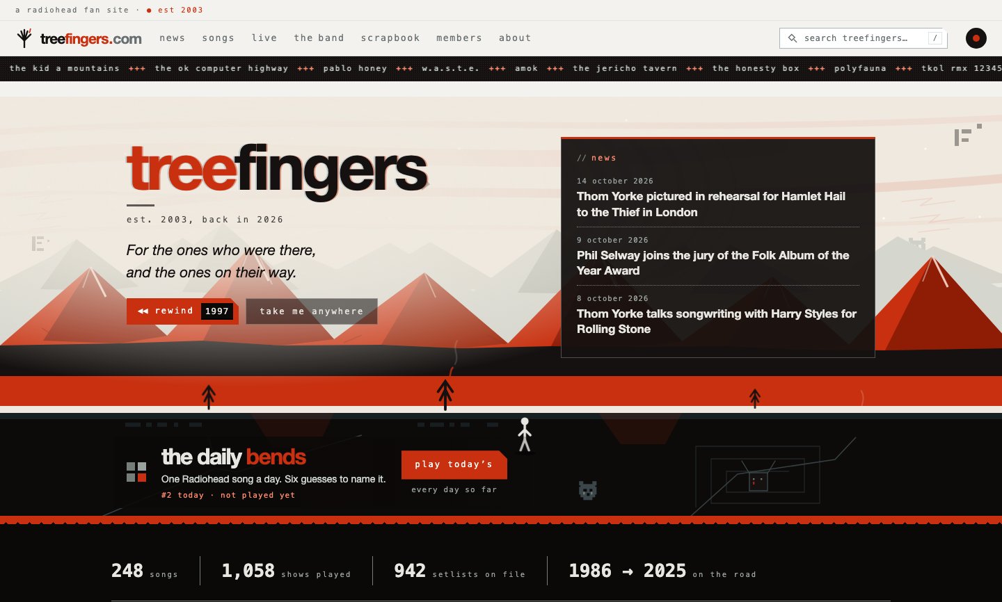 The treefingers.com home page, October 2026